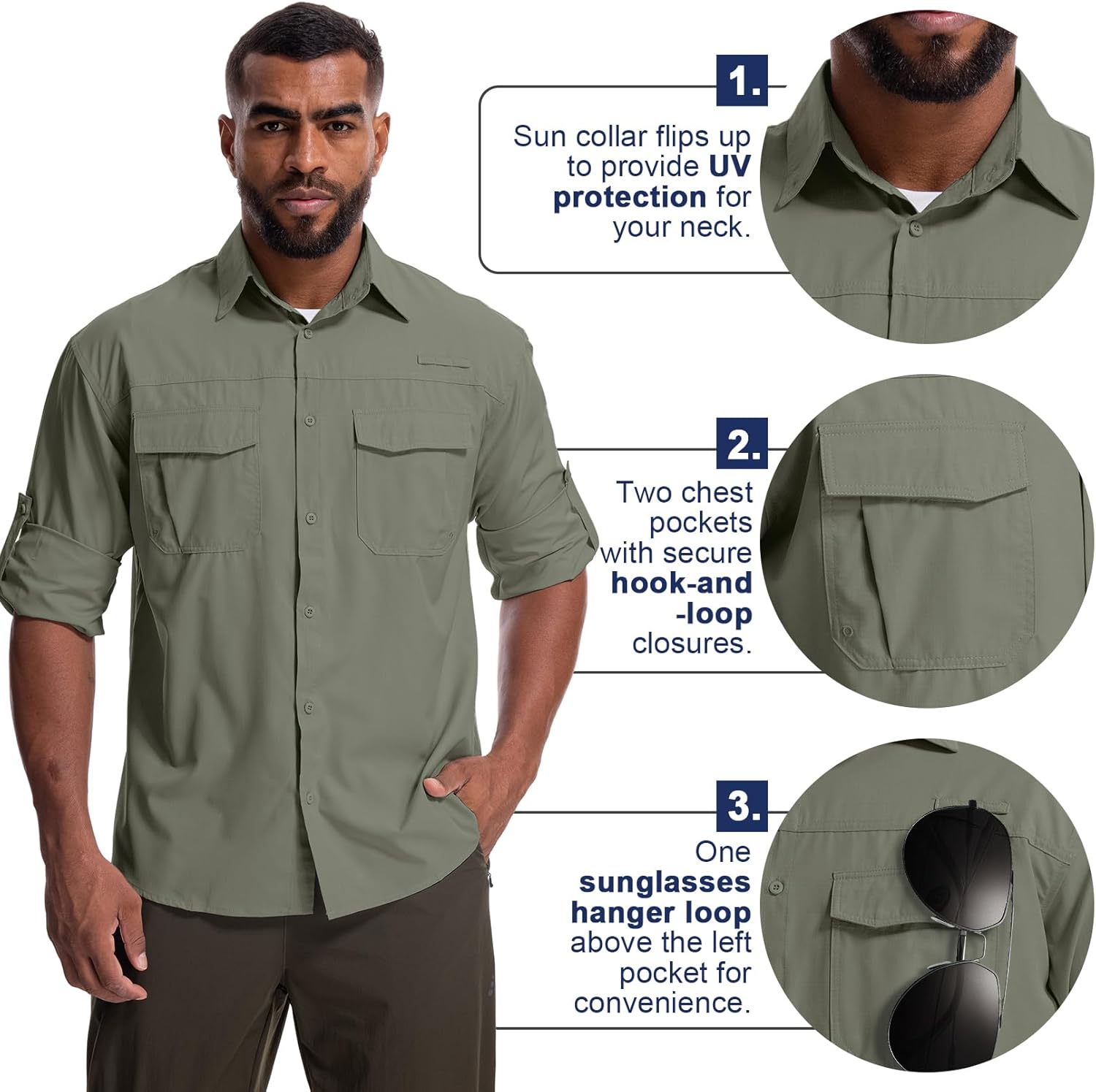 Mens Safari Sun Shirts UPF 50+ UV Sun Protection Long Sleeve Outdoor Quick Dry Fishing Hiking Gardening Shirts
