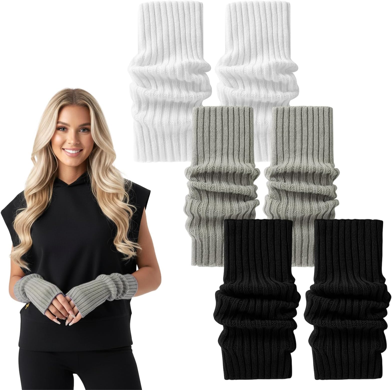 Arm Warmers, 3 Pairs Fingerless Knitted Arm Gloves, Women'S Cute Fingerless Mittens Thumb Hole Stretchy Warm Long Sleeve