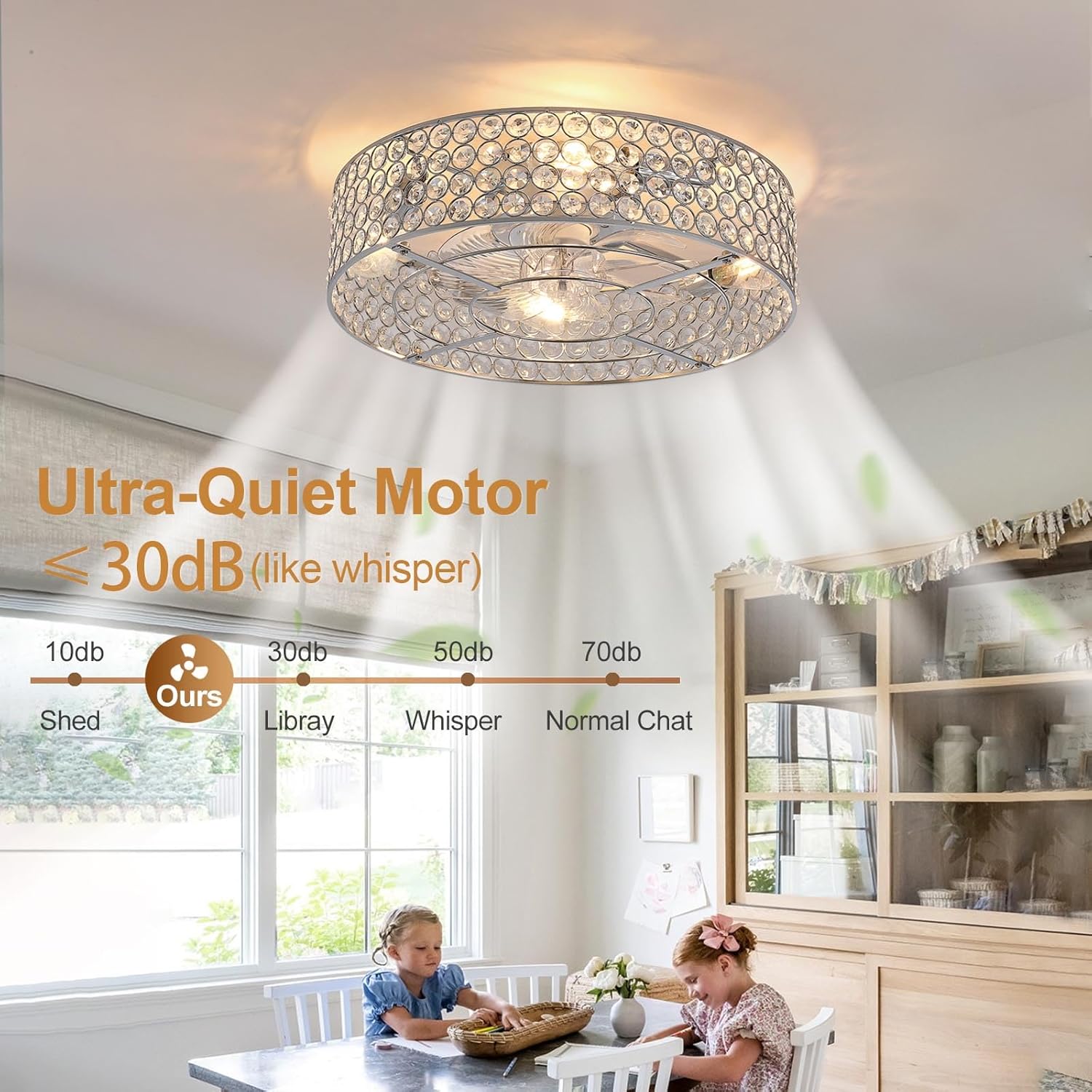 Chrome Fandelier Ceiling Fan with Light, 20" Crystal Chandelier Ceiling Fans with Lights and Remote Control,Modern Caged Flush Mount Fandelier with 6 Speeds for Living Room Bedroom Nursery