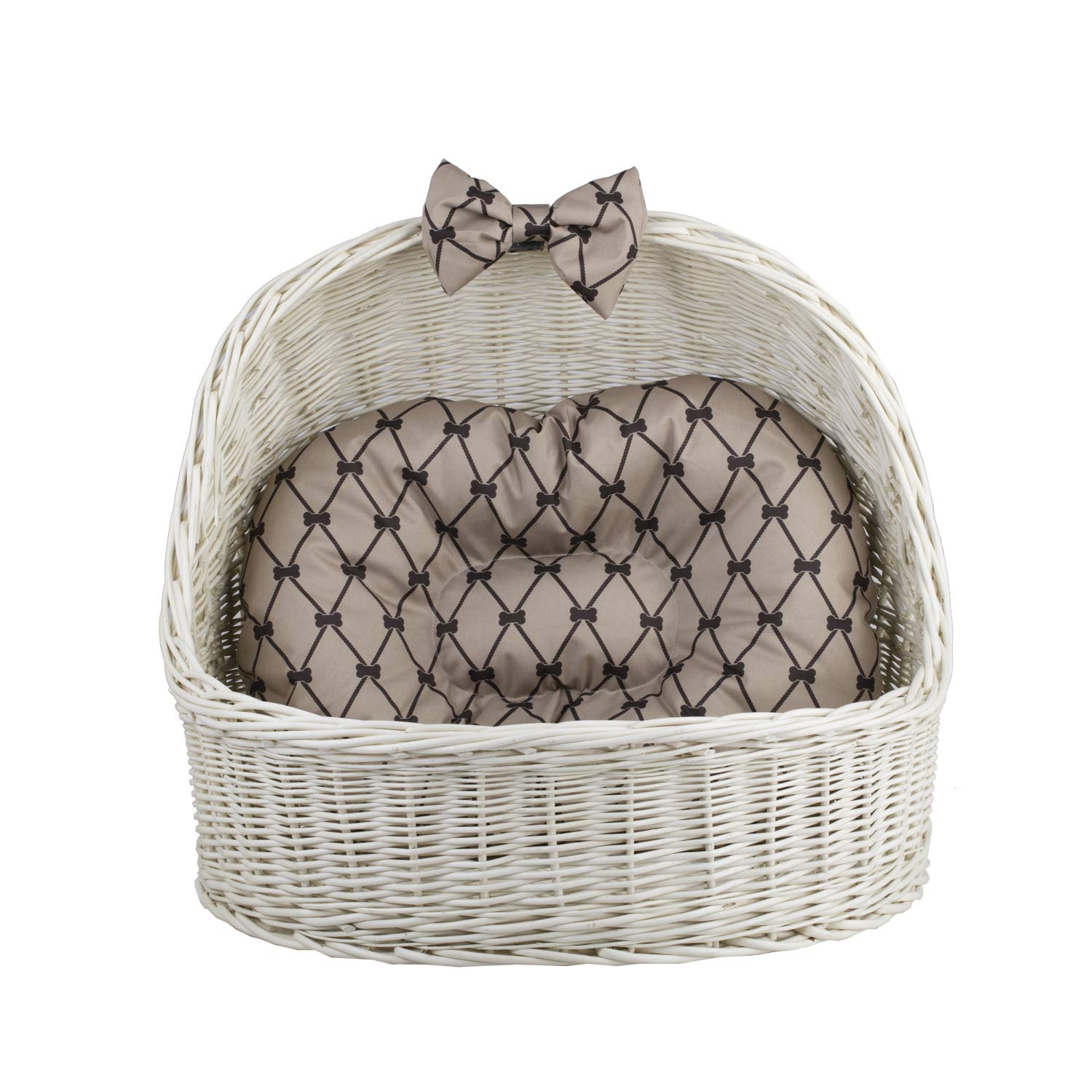 Panier ovale en osier blanc pour chien e-wicker24 avec un joli coussin beige