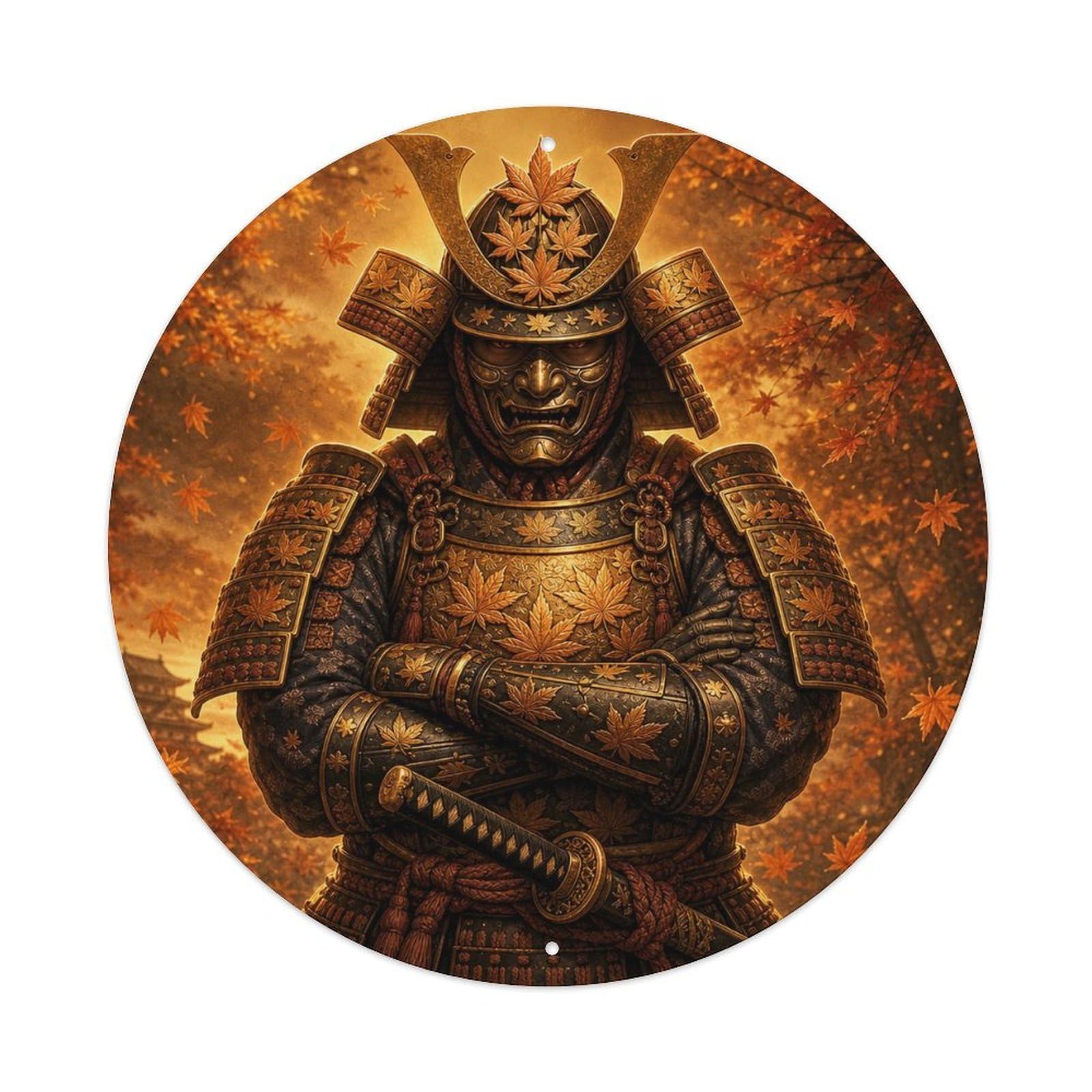 Okngb Style Ronin Amber Command Autumn Crossed Arms Samurai Crest Metal Tin Sign Plaque Wall Decor For Cafe, Man Cave, Club Bar, Office, Home Garden Round Metal Poster 8X8inch