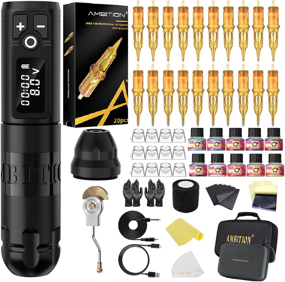 Ambition Soldier Tattoo Machine Kit Complete Rotary Wireless Tattoo Pen Gun Kit with 20pcs Glory Tattoo Cartridge Needles Practice Skin Supplies for Beginners & Professional Artists, Black