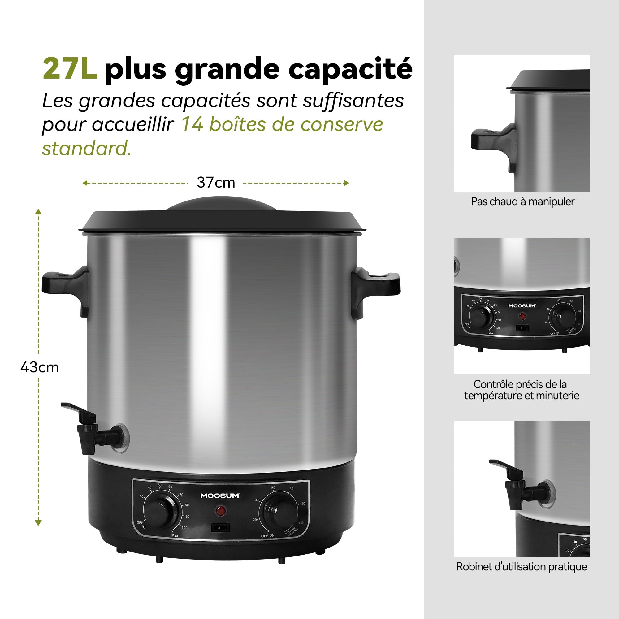 Distributeur de boissons chaudes - 27 l - Acier inoxydable 304-1800 W - 30-100 °C - Minuterie 20-120 min - Fonction maintien au chaud - Protection contre la surchauffe
