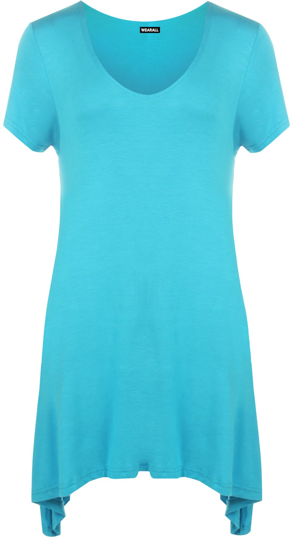 Wearall Women's Turquoise New Dipped Hem Uneven Plain Short Sleeve Stretch T-Shirt Top 18