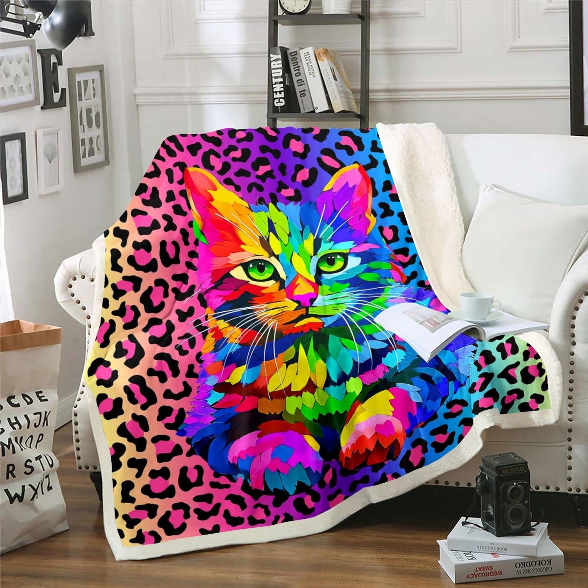 Girls Colorful Leopard Print Blanket, Rainbow Tie Dye Cat Throw, Safari Cheetah Print Fleece, Modern Leopard Design, Luxury Animal Pet Theme Sherpa Twin 60"x80"
