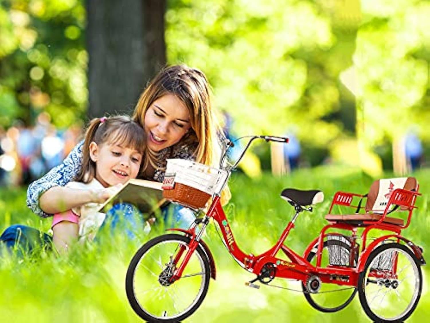 Triciclo per Adulti da 20 Pollici,Bicicletta da Crociera a Tre Ruote, con Cestino della Spesa,Telaio Pieghevole,Comodi Sedili Posteriori,Doppia Catena,Triciclo per Adulti a Due Posti,Black