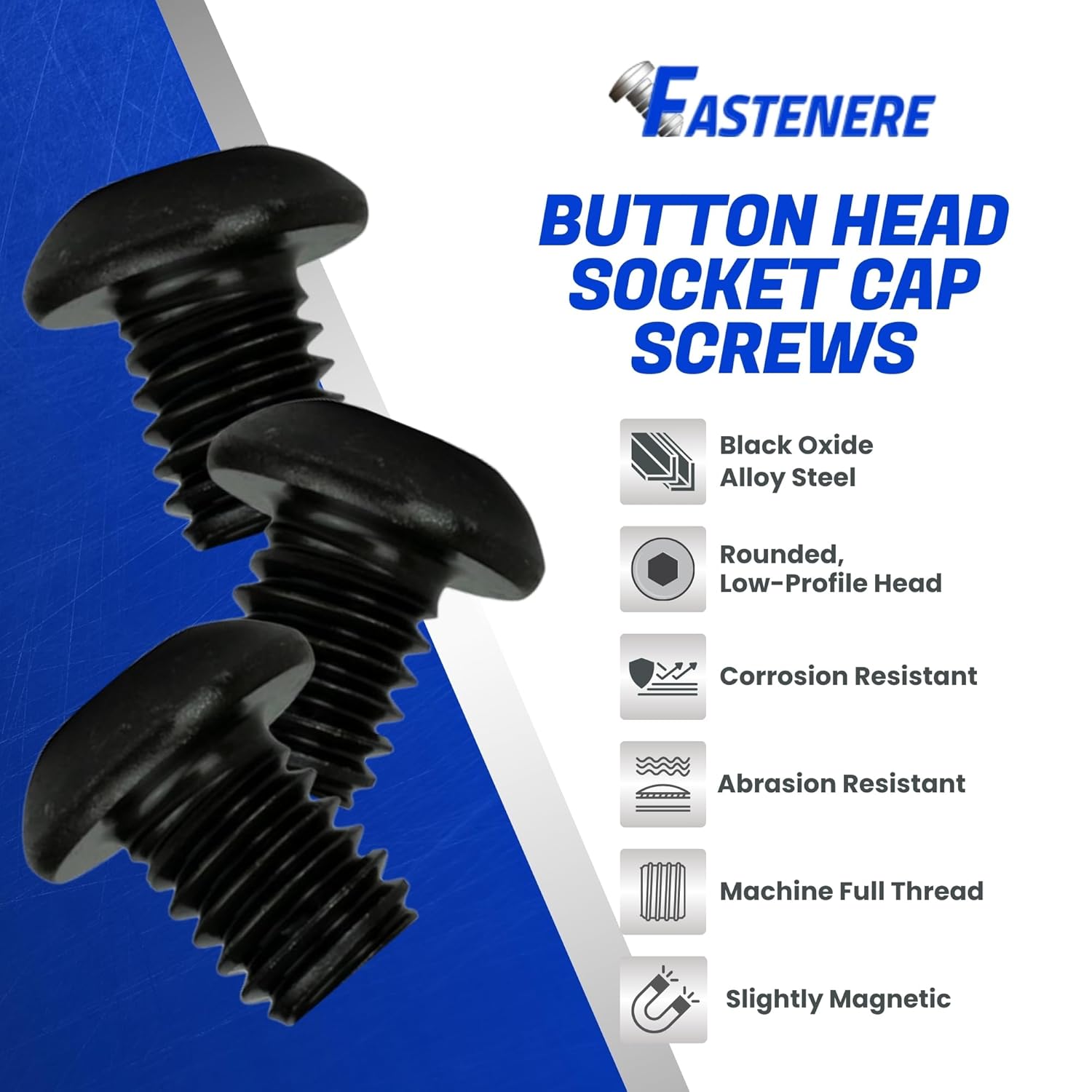 Fastenere Button Head Socket Cap Screws - 10-32 x 3/16" (100-Pcs) Alloy Steel, Fully Threaded, Fine Black Oxide Finish, Corrosion-Resistant, Machine Thread, Easy to Install w/Allen Hex Drive
