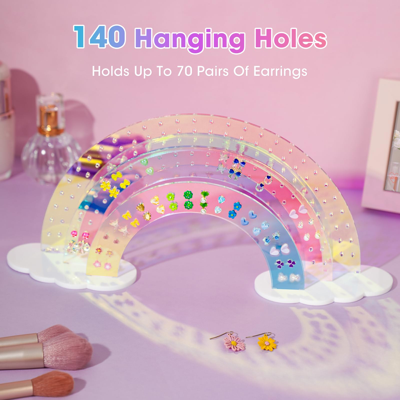 NiHome 3-Tier Iridescent Acrylic Rainbow Earring Organizer, Lightweight & Durable Design 140 Holes for 70 Pairs, Unique Front Row for Special Earrings, 11.8
