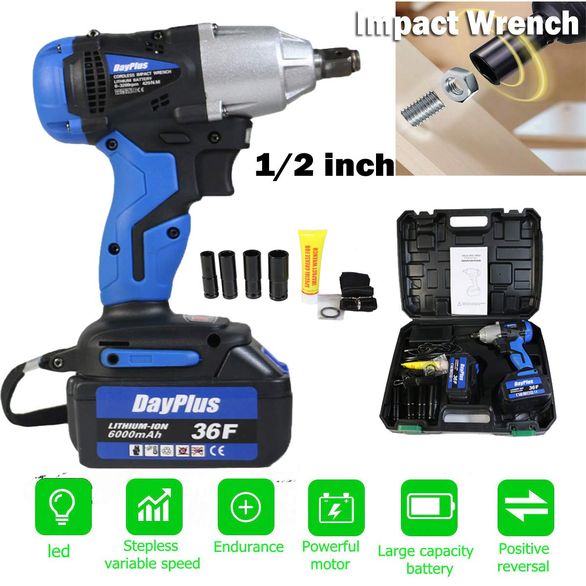 Buy AutoFu 18V Brushless Liion Cordless Impact Wrench Tool Kit, 1/2