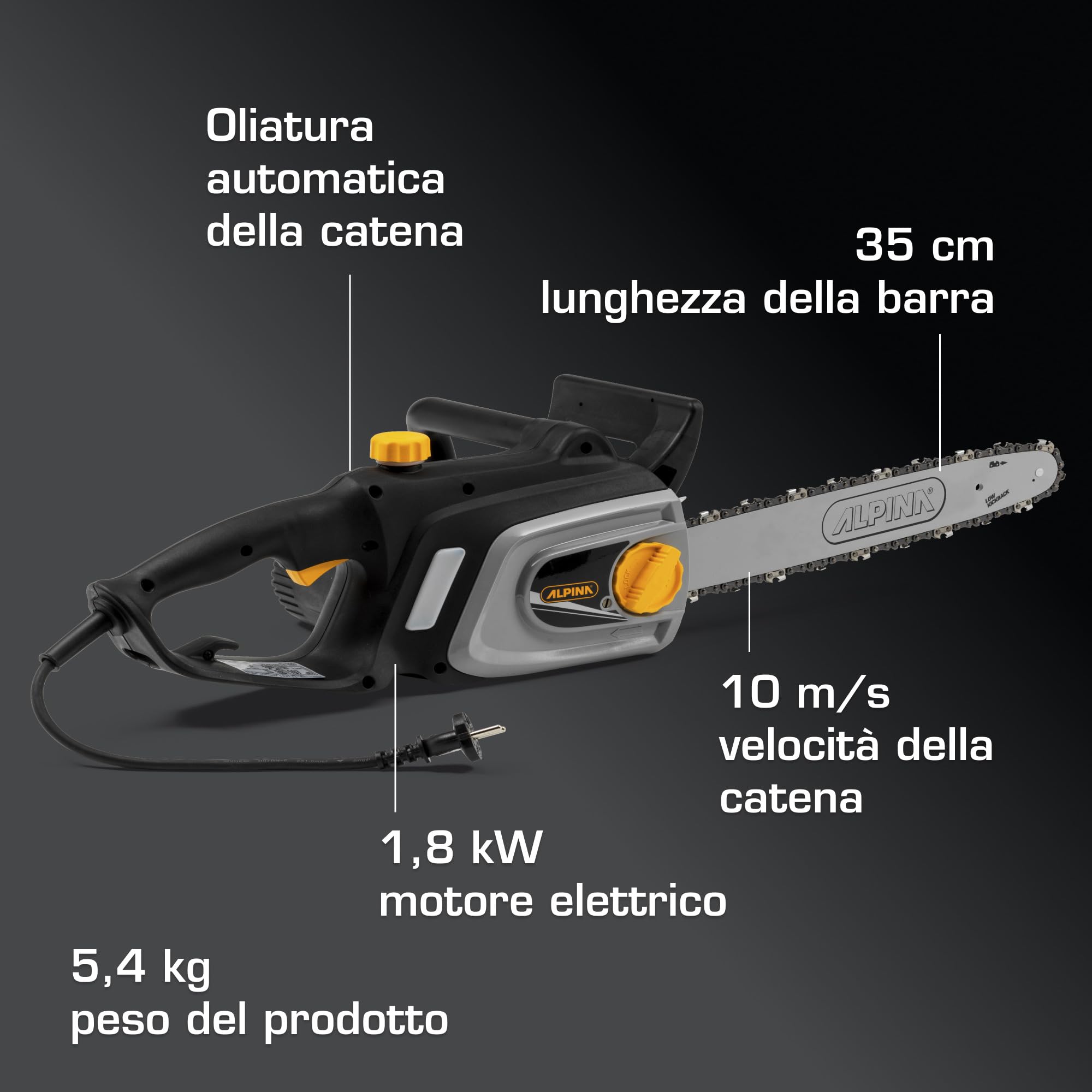 Alpina ACS 180 E Motosega Elettrica, 1800 W, 35 cm – Tendicatena Laterale A Rotella, Freno Catena Manuale E Inerziale – Per Tagli Domestici