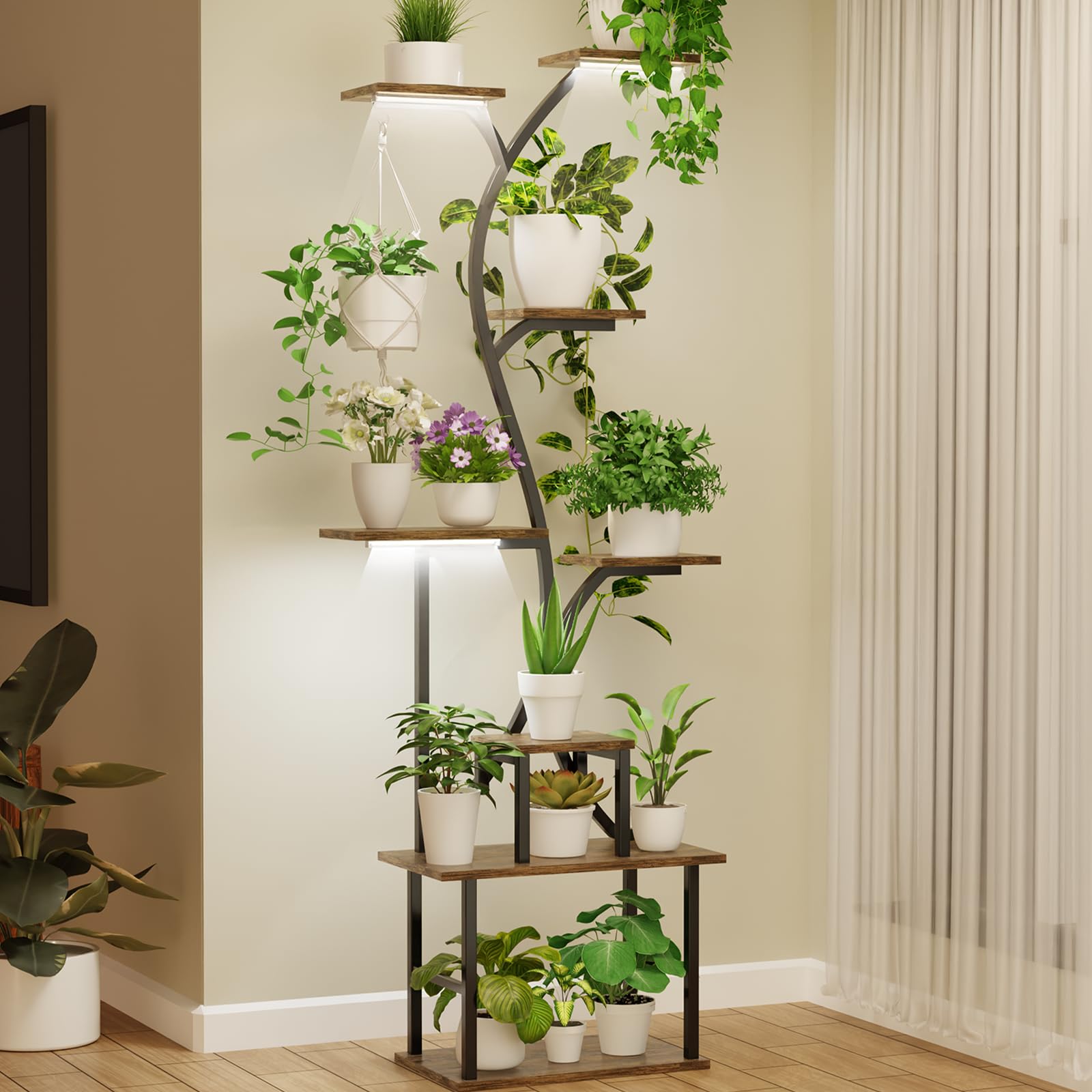 DreamOak 65" Tall Plant Stand Indoor with 3-Head Grow Lights, 8-Tier Corner Shelf for Multiple Plants, Space-Saving Tiered Metal Plant Shelves with 2 Hanging Hooks | Plant Rack for Home Decor
