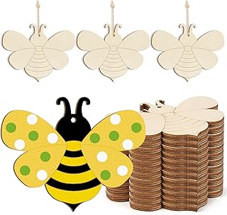 Wooden Spring Ornaments to Paint Bee Decoration Cutouts Unfinished 24PCS 3.5 x 3 inches, DIY Blank Unfinished Bee Wood Discs Ornament for Home Crafts Hanging Summer Decoration