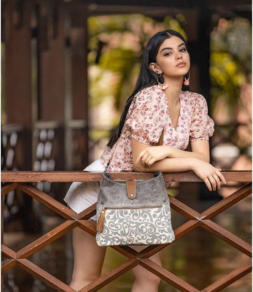 Myra Bag Canvas Purses for Women - Fabric Handbags for Women with Paisley Pattern, Canvas Cloth Body, and Real Leather Strap