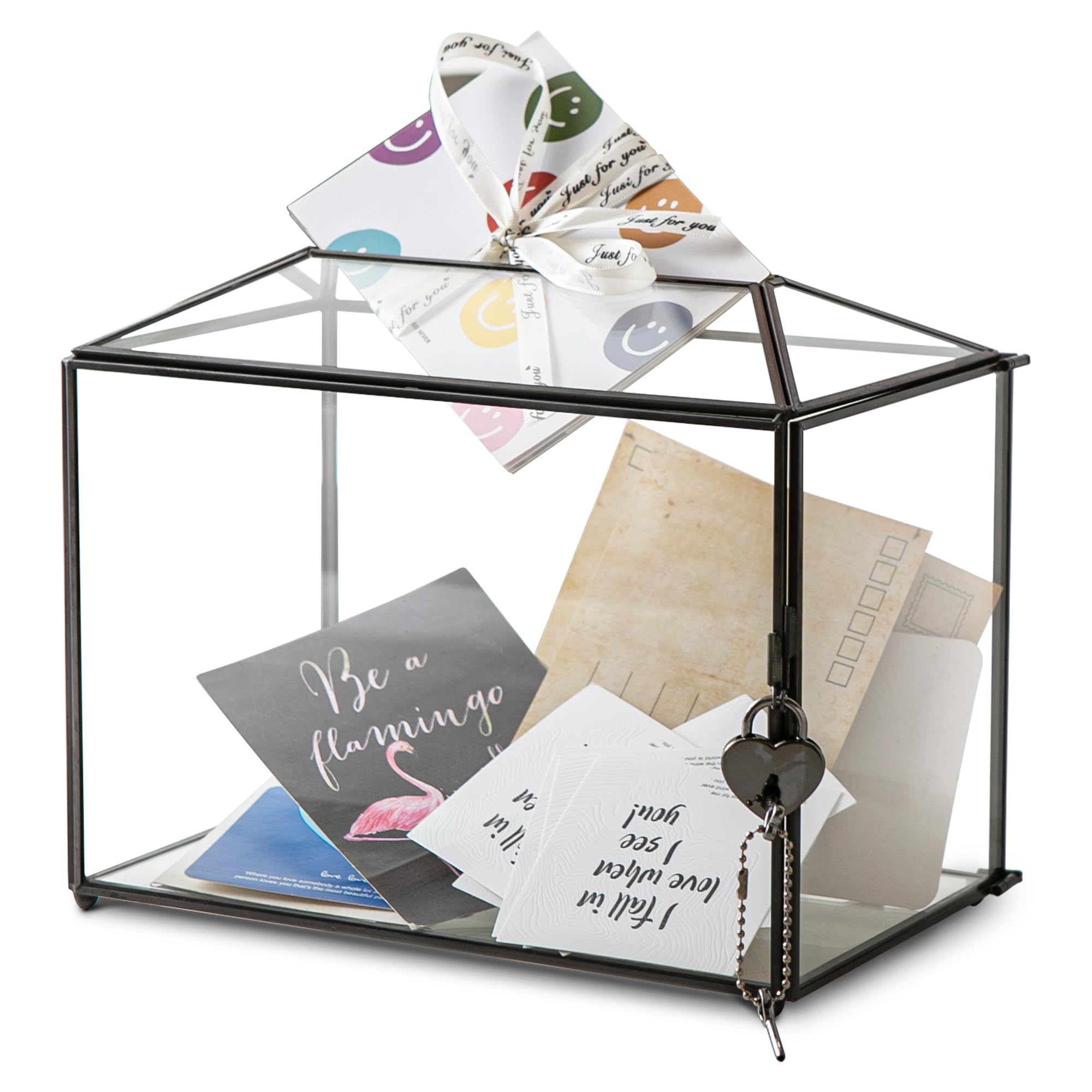Photo 1 of Sanllusit Glass Card Box with Lock - 10.2" Black Geometric Holder