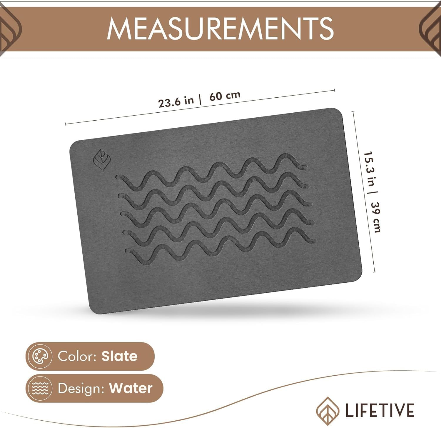 Luxury Stone Bath Mat — Diatomaceous Earth Shower Mat — Instant Absorbent Surface — Eco-Friendly & Modern (Water Slate)