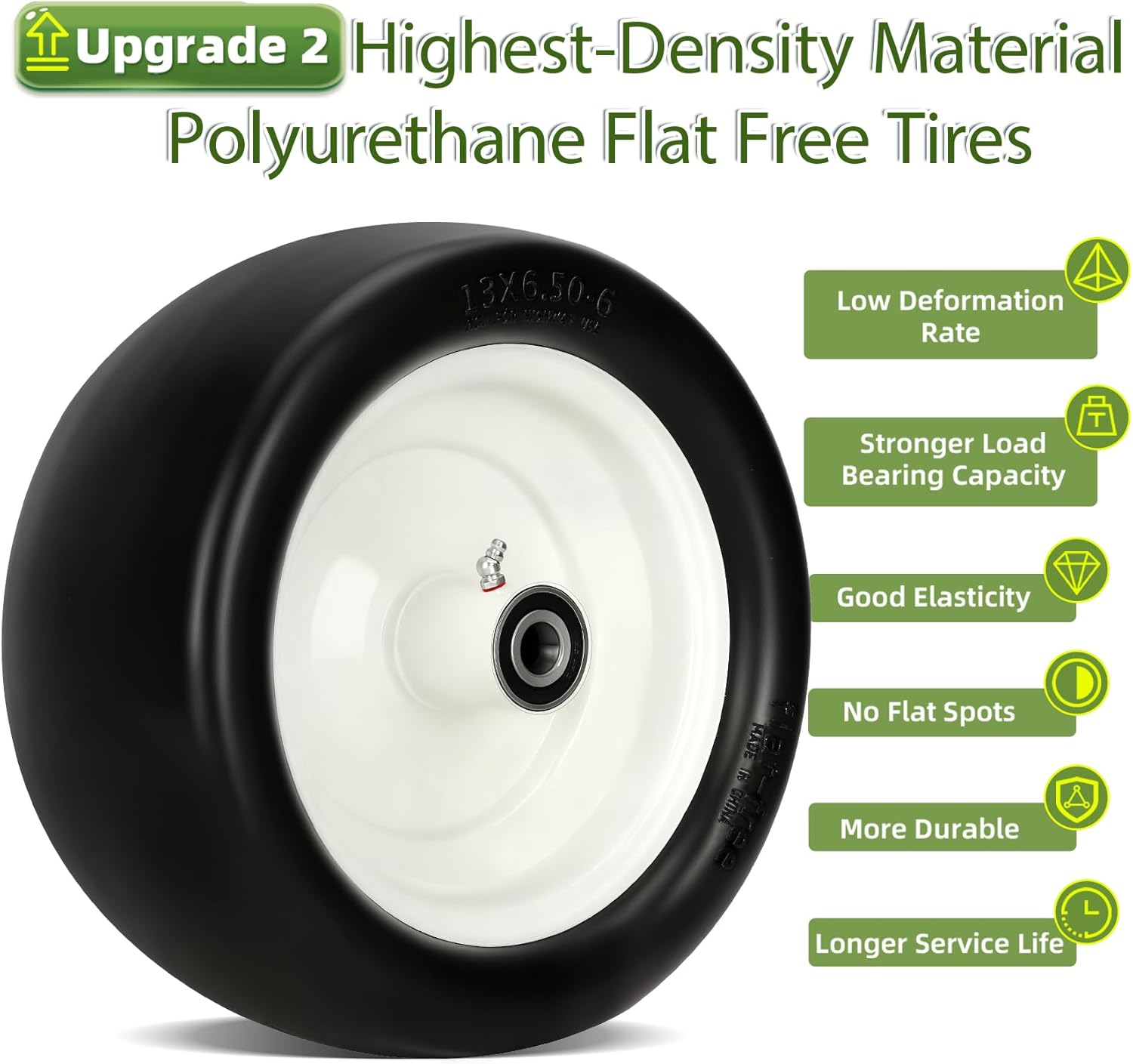 2 Pcs Upgrade 13x6.50-6 Lawn Mower Tires Flat Free with 3/4" 1/2" 5/8" Bearing, 13x6.50-6 Zero Turn Mower Front Tires, 13x6.5-6 Flat Free Lawn Mower Tires for Commercial Grade, 5.5"-7.5" Centered Hub