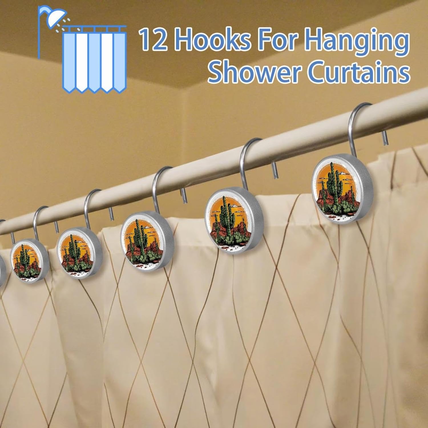 Set of 12 Shower Curtain Hooks Rust Proof Shower Hooks for Bathroom Home Decor, Desert Vibes Outdoor