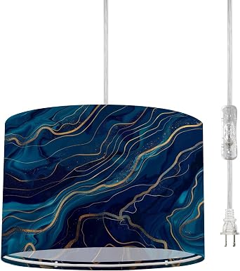 Plug in Pendant Light Blue marble gold abstract texture Ocean blue marbling natural luxury Hanging Lamp with 16.4ft Clear Cord Linen Lampshade Dimmable Switch for Bedroom Living Room Dining Table