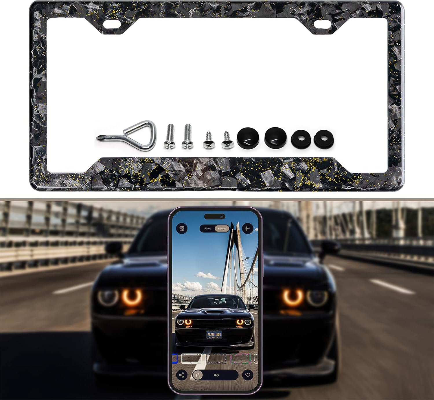 100% Real 3k Twill Weave Carbon Fiber Car License Plate Frame, UV Protection, Front Rear Universal Fit USA Canada Mexico Standard Size tag Holder (Forged with Gold Sparkles)