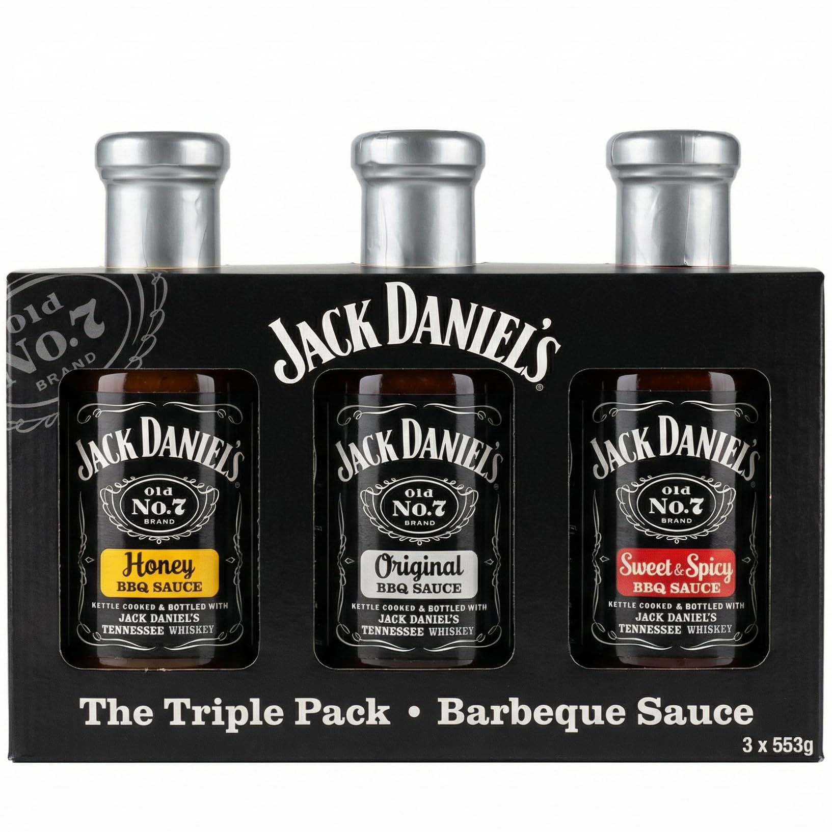 Jack Daniel’s BBQ Sauce Variety Pack Including Original, Honey and Sweet & Spicy, 3 x 553g Bottles Suitable for Grilling, Marinating and Home Cooking