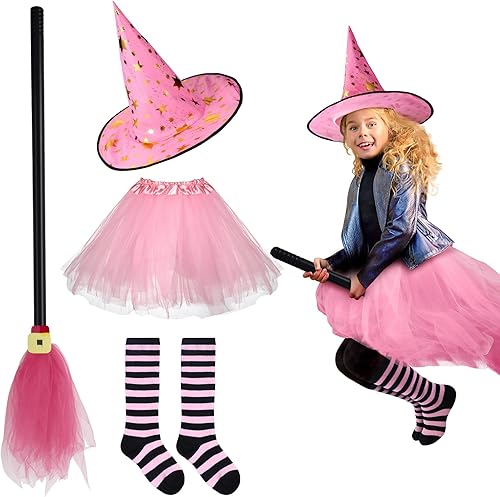 Panitay Disfraz de bruja de Halloween para niñas pequeñas, incluye sombrero tutú rosa escoba y calcetines