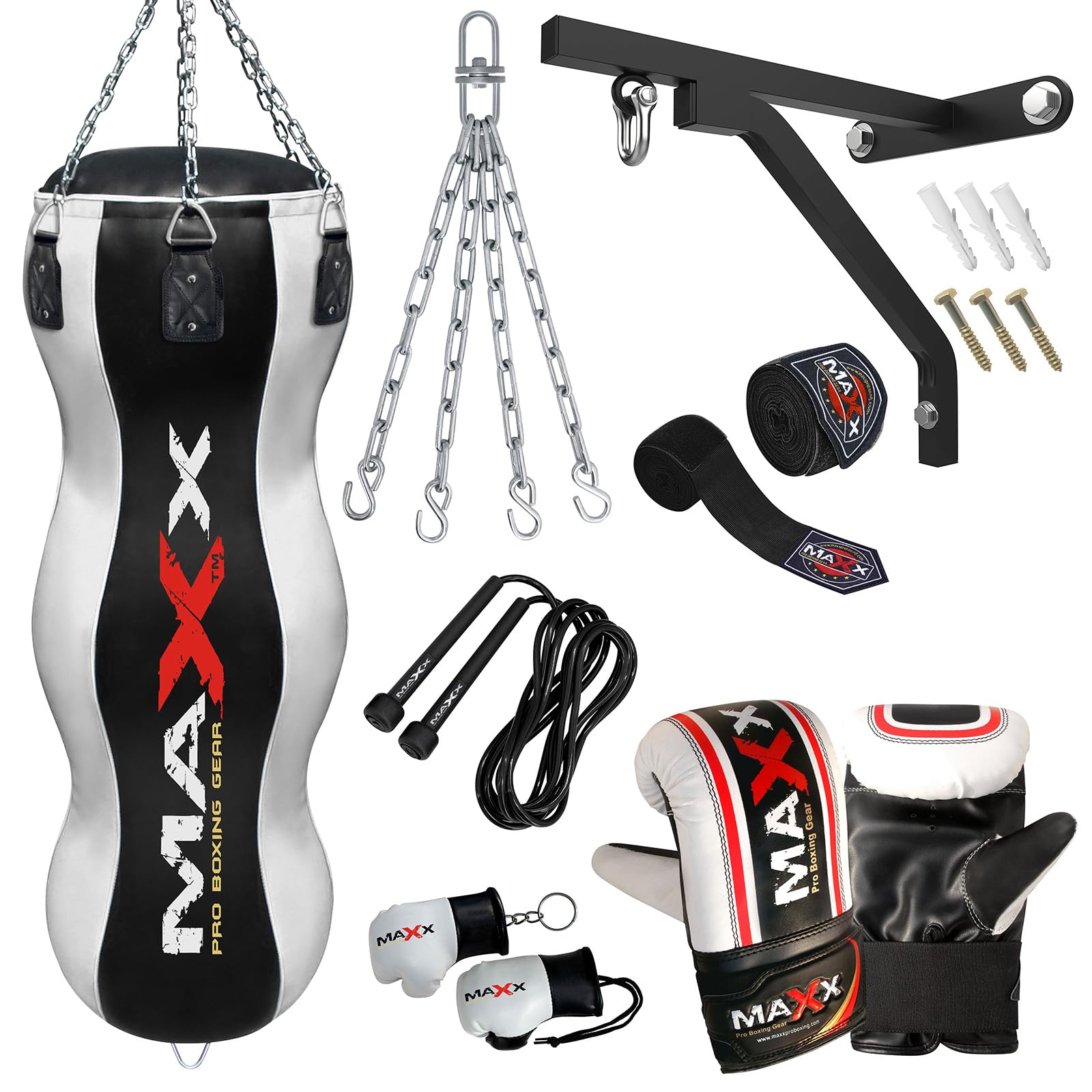 Maxx Black/White Heavy Duty Punch Bags - Uppercut, Triple, Angle, Wrecking & More (TRIPLE BAG, BAG +10PCS SET BRACKET)
