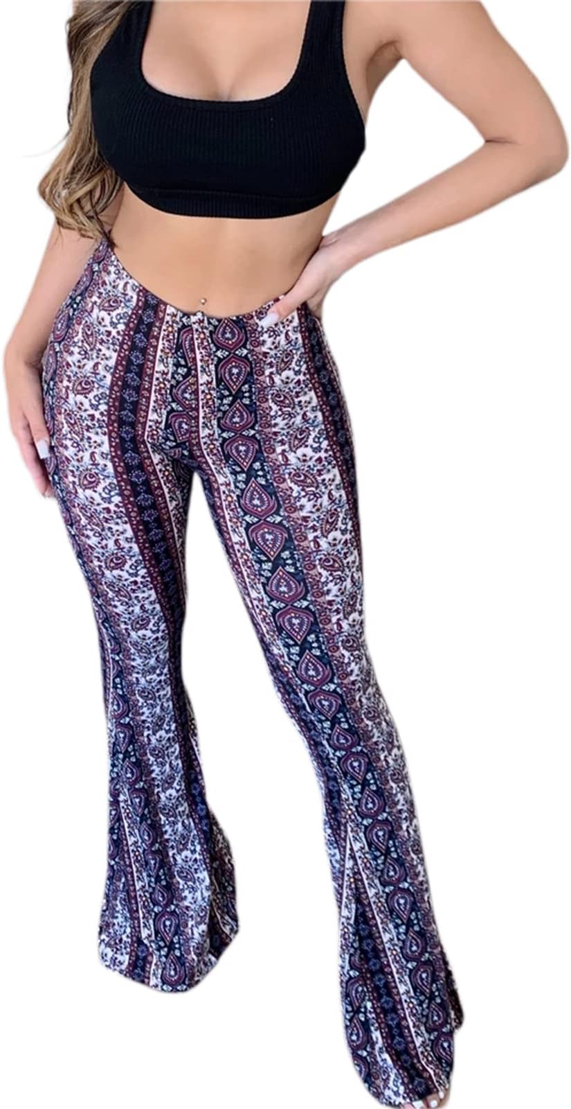 YassigliaWomen's Flared Leggings Stretchy Palazzo Trousers Retro High Waisted Trousers for Women Boho Hippy Trousers Flared Yoga Pants