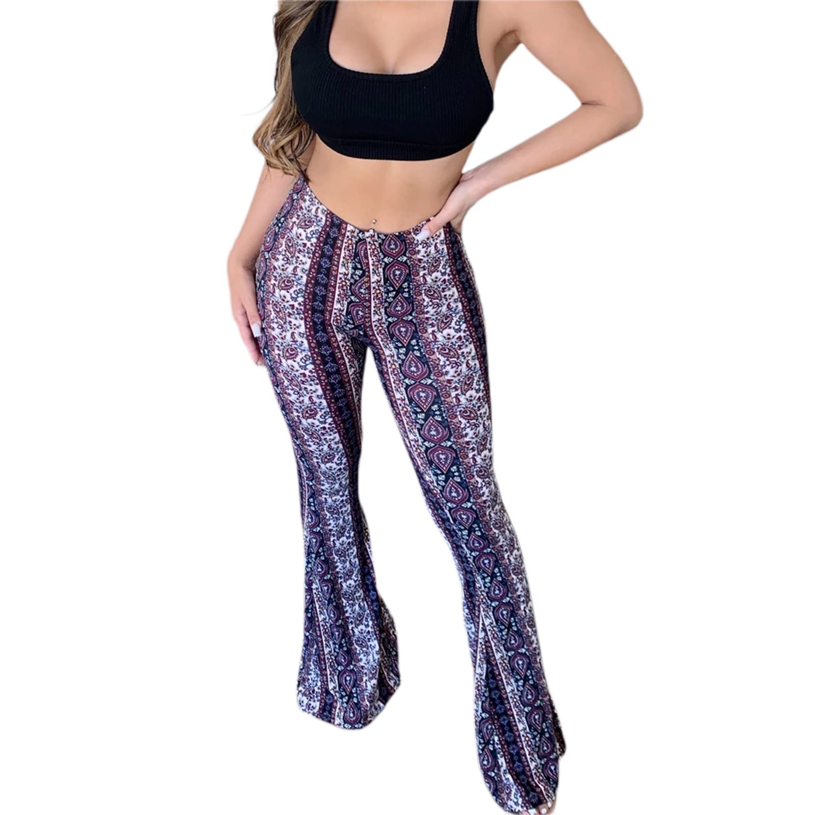 YassigliaWomen's Flared Leggings Stretchy Palazzo Trousers Retro High Waisted Trousers for Women Boho Hippy Trousers Flared Yoga Pants
