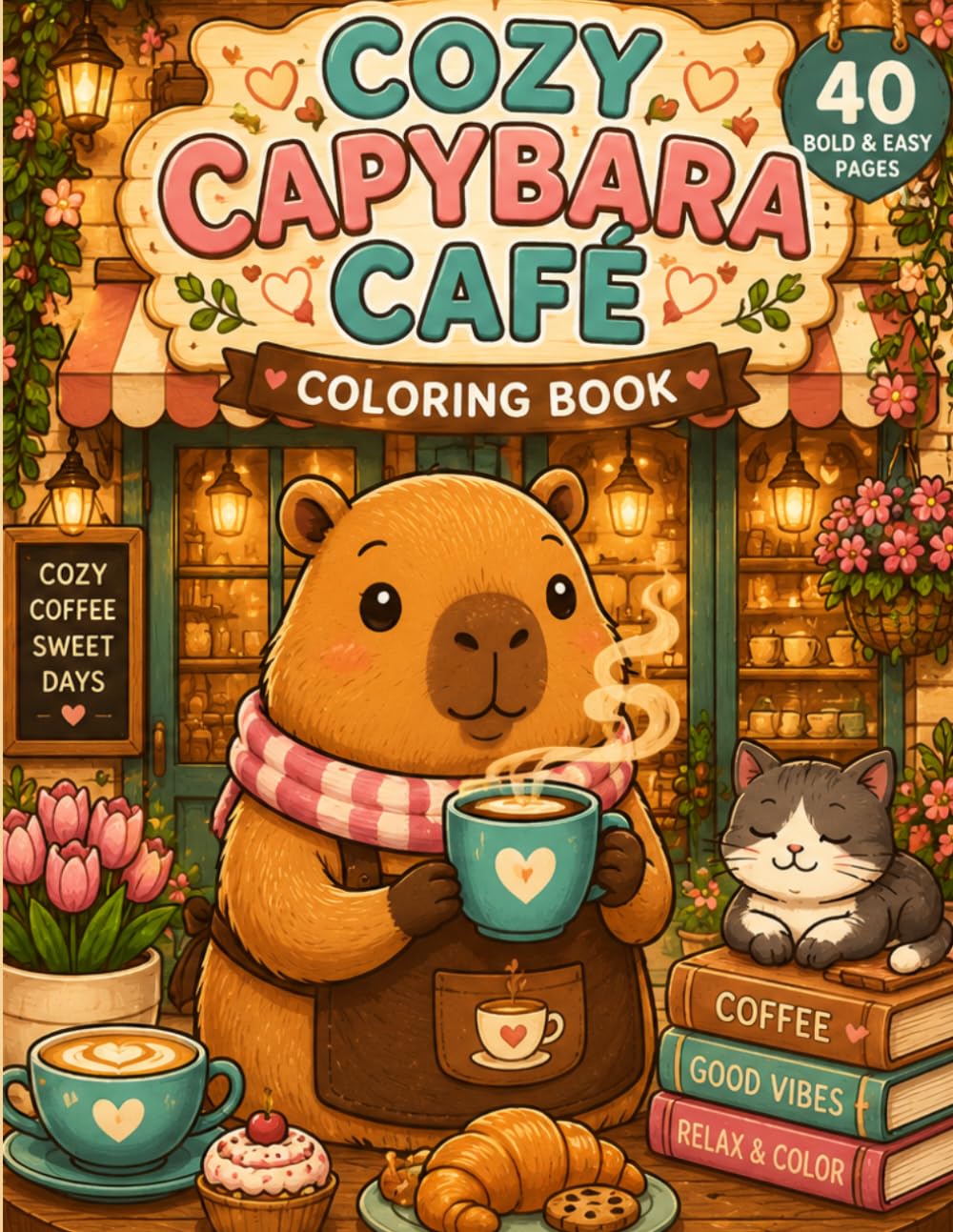 Cozy Capybara Café Coloring Book: Bold and Easy Coloring Pages Featuring Cute Capybaras, Coffee, Pastries and Relaxing Café Adventures for Adults, Teens and Kids