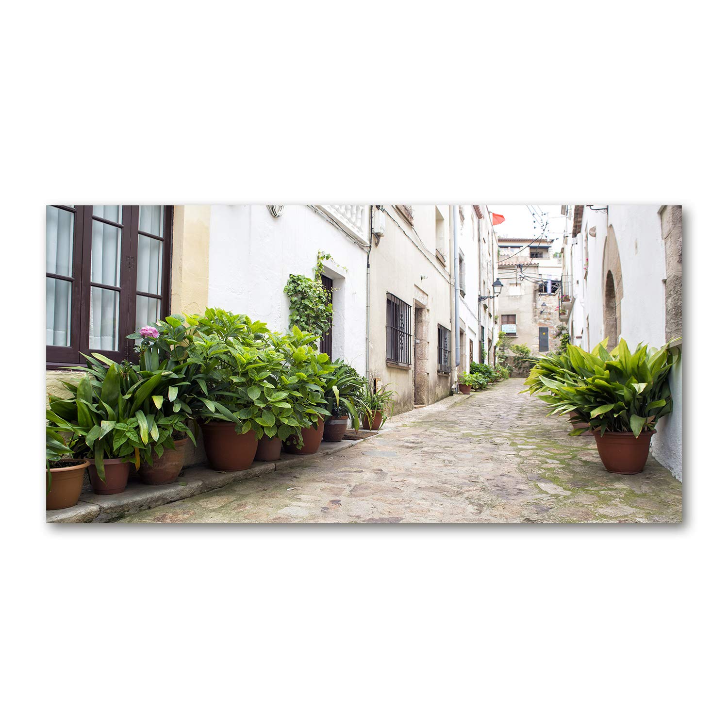 Impression sur verre cuisine et salon avec une vue panoramique de rue charmante couleur vert