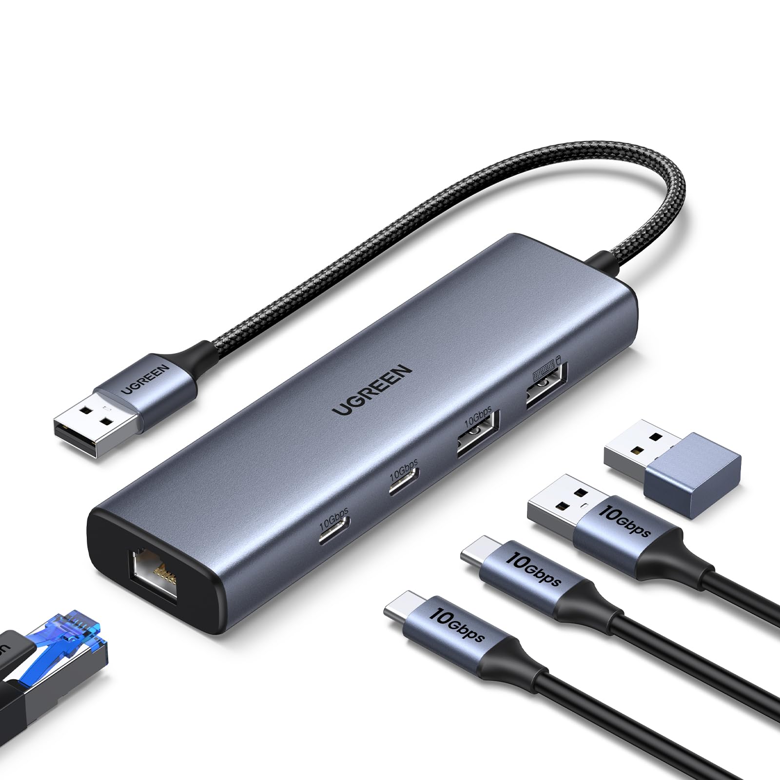 UGREEN USB to Ethernet Adapter, 5 in 1 USB Hub with Ethernet with 2* USB-C 3.2 (10Gbps) + 1*USB-A 3.2/1*USB-A 2.0/Gigabit RJ45, Network LAN Internet Dongle Compatible for Laptop, MacBook Pro/Air, XPS