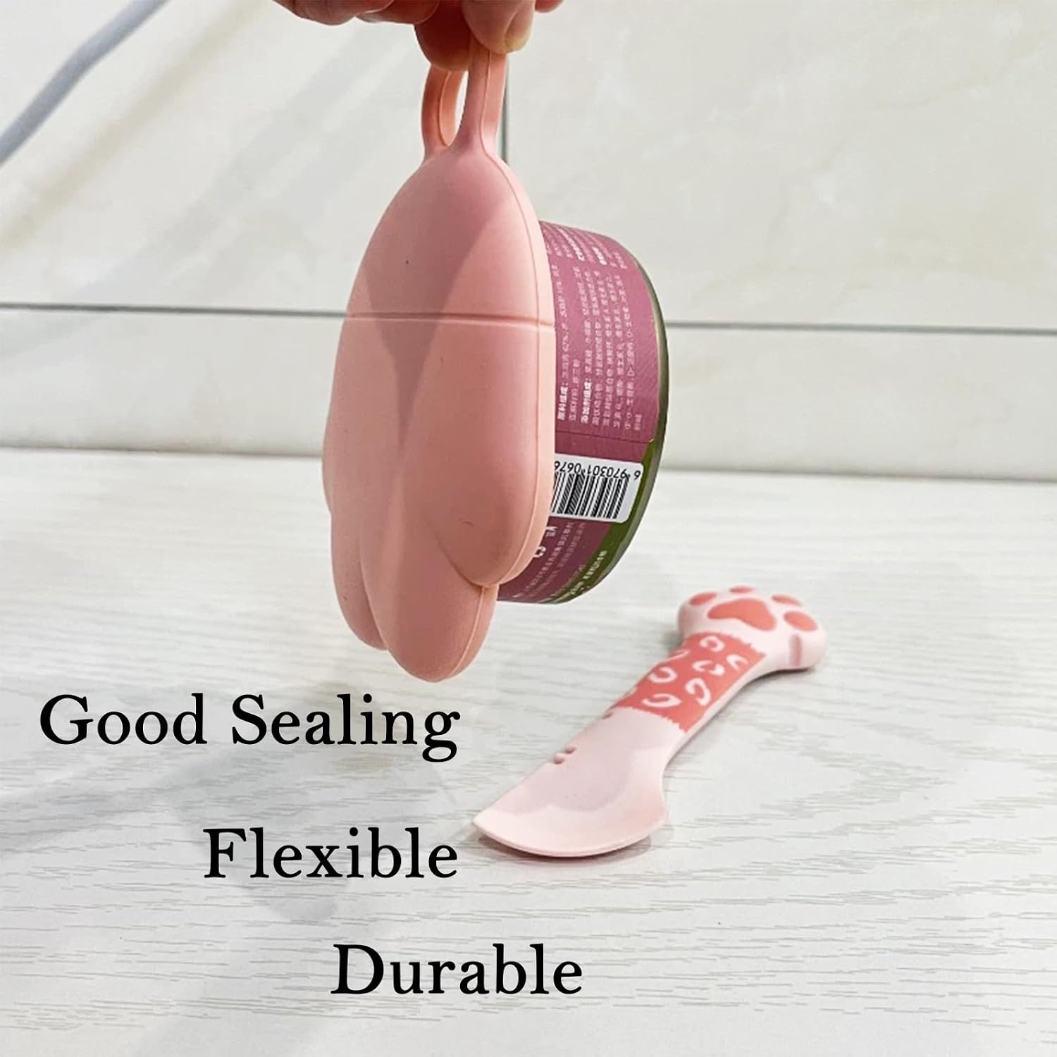SJANE 4 Pcs Cat Food Spoon & Can Covers | Cute Paw Silicone Pet Food Opener Spatula & Lids | Stainless Steel Wet Food Spoon for Cats and Dogs (Pink+Grey) image 3