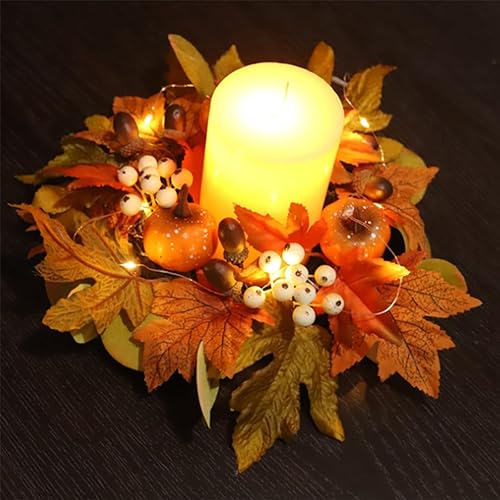 Miniatura 4 de Coronas de velas de otoño de 12 pulgadas, pequeña corona de otoño para candelabro, guirnalda decorativa de ratán con hojas de arce, bayas y