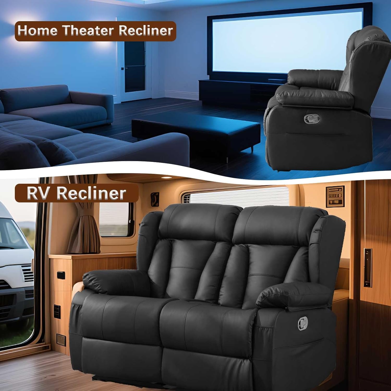 AHMED Loveseat Recliner Sofa, Manual Reclining Loveseat RV Couch with Cup Holders/Side Pocket/Removable Armrest for Living Room, Black