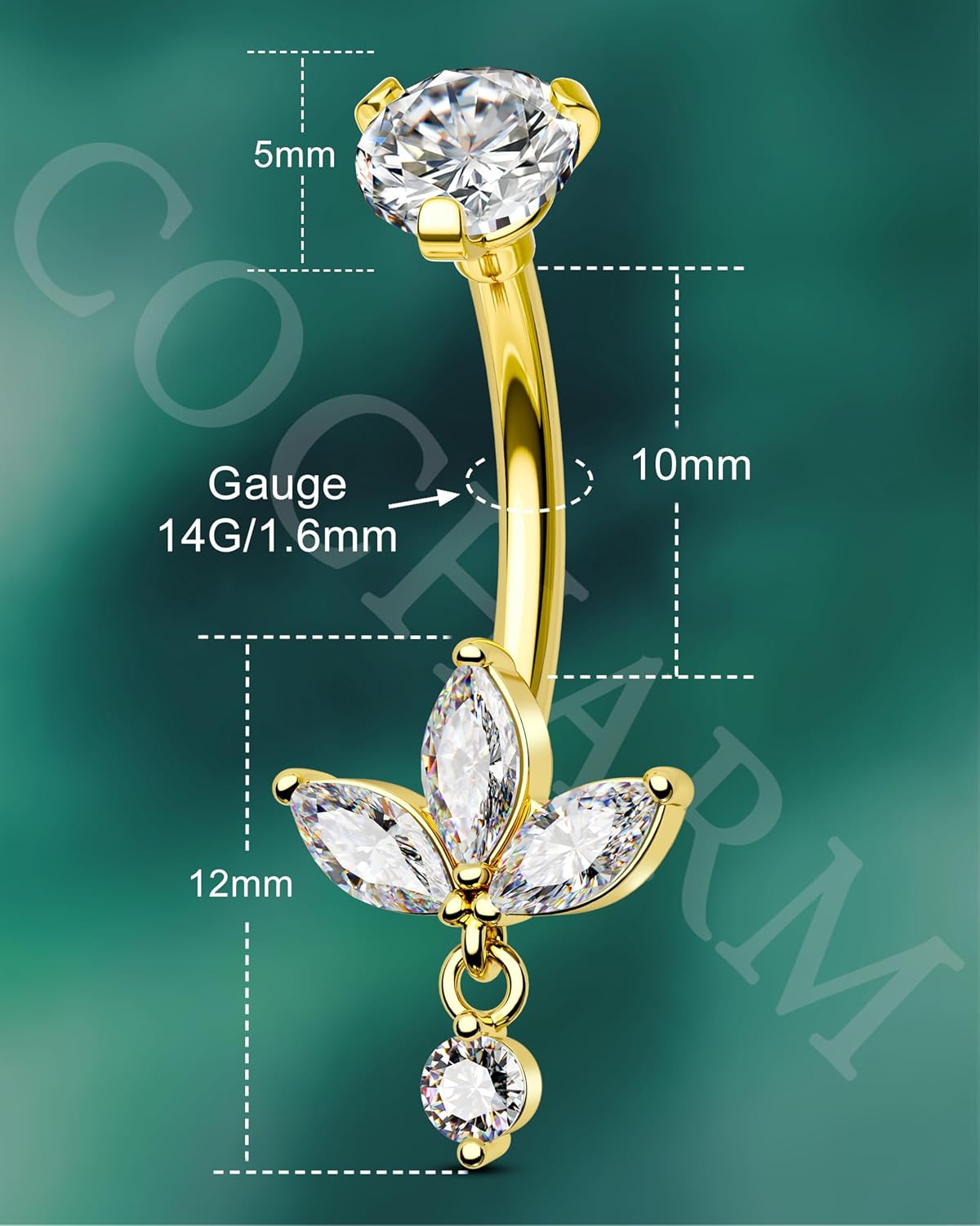 COCHARM Lotus Belly Button Rings Dangle 14G Dangle Belly Navel Button Piercing Surgical Steel Navel Piercing Jewelry Dangling - Image 3