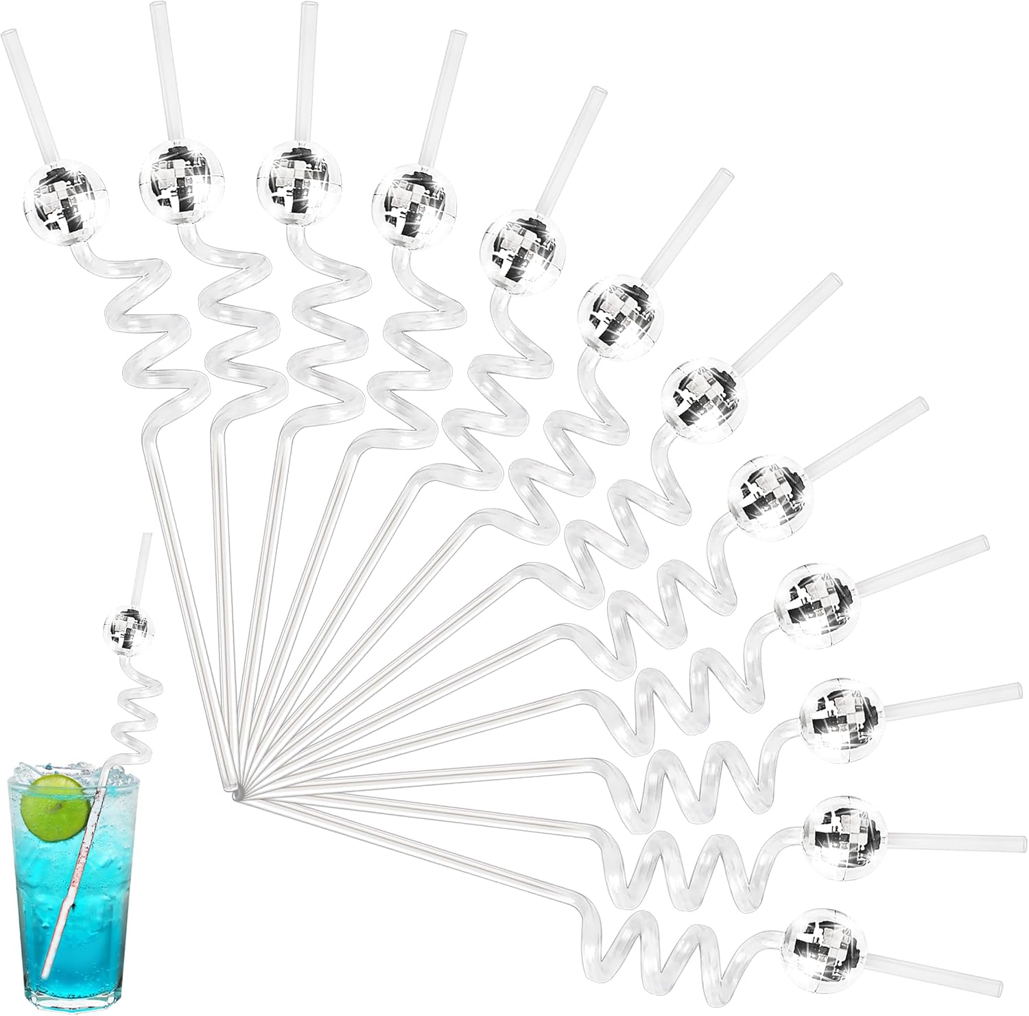 C CRYSTAL LEMON Set of 12 Reusable Disco Ball Straws: Ideal for Bachelorette Parties, Birthdays, and Disco Events