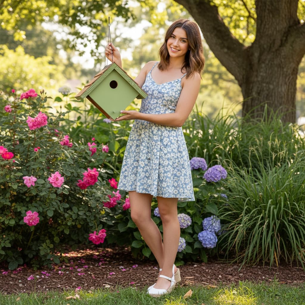 Large Cedar Bluebird House for Outside - Bamboo Shingles Roof Birdhouse for Bluebirds - Weather Proof Metal Protected - 13/16” Thickness Heavy Duty - Detachable and Easy Cleaning (1.5" Hole)