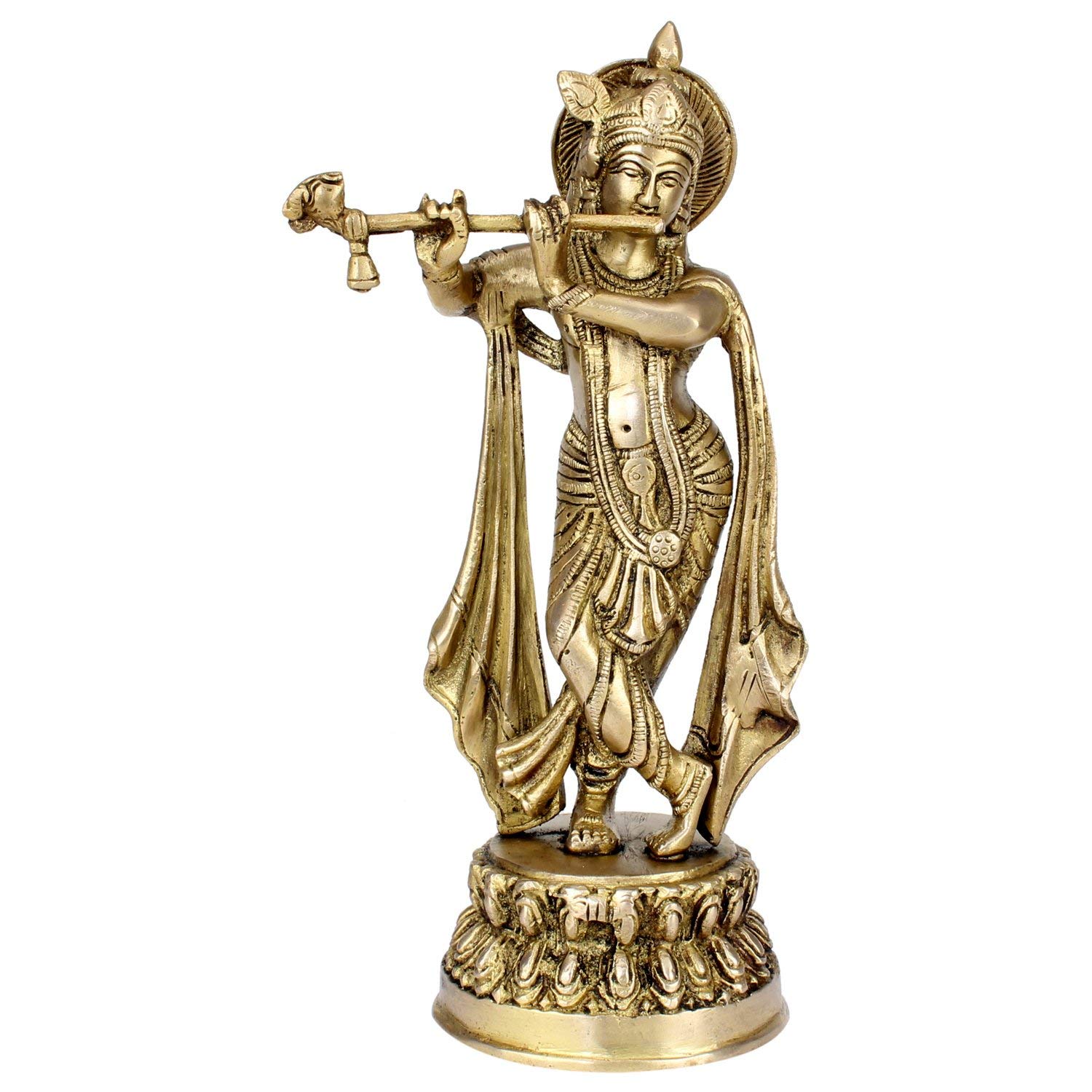 Brass Krishna Idol | Statue Playing Flute for Puja Mandir and Décor Krishna | Krishan Brass Statue, Murti, Gift & Home Décor Height 10 Inches