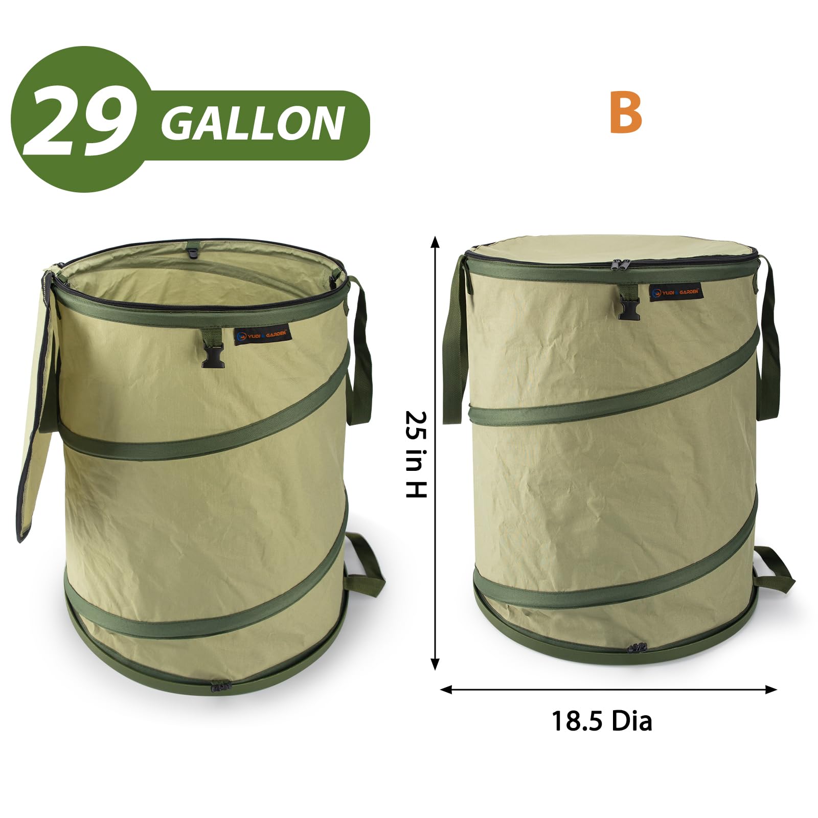 YUDI & GARDEN Pattumiera pieghevole con fondo rigido da 29 litri, borsa da giardino pieghevole, cestino da campeggio, verde, confezione da 2 per raccogliere erbacce o rifiuti da cortile e feste
