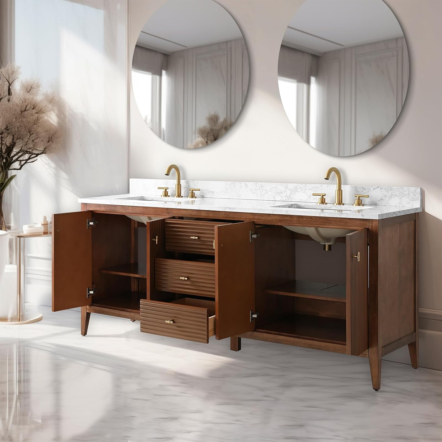 Vanity Art 72 inch Bathroom Vanity with Double Sink & Ceramic Top, Vanity Cabinet with Soft-Closing Door, Solid Wood Frame, Linear Pattern, Walnut, Golden Brushed Handware VA9172-DWalnut-GB