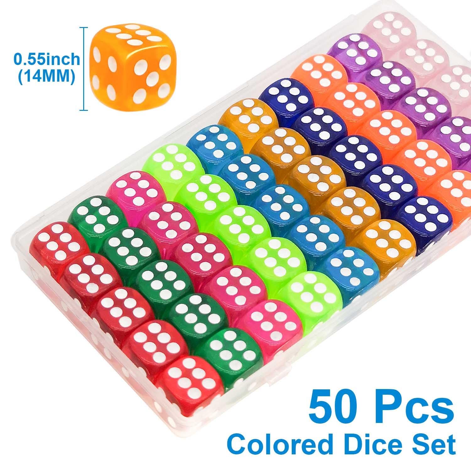 50 Sztuk Kolorowych Kości 14MM z Plastikowym Etui, Mini Standardowe Zestaw Kości D6, 10 Kolorów Przezroczystych Kości do Gry, 6-stronne Kolorowe Kości do Yahtzee, Gry