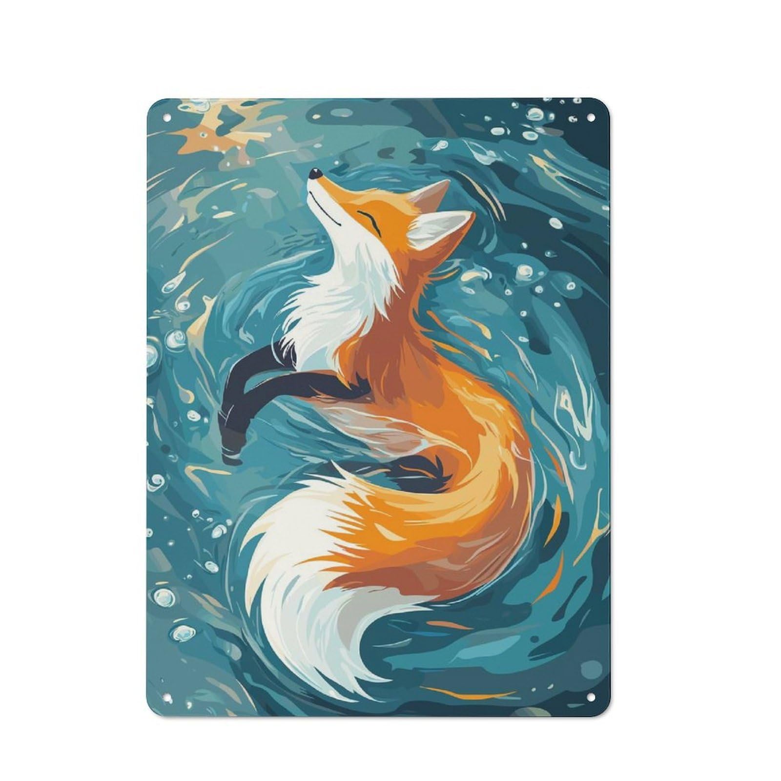 Junmoney Style-8 Fox Floating In Water Illustration Vintage Metal Plaque 40X30cm For Hobby Room Or Studio, Suited To Hobby Room Decor Fans