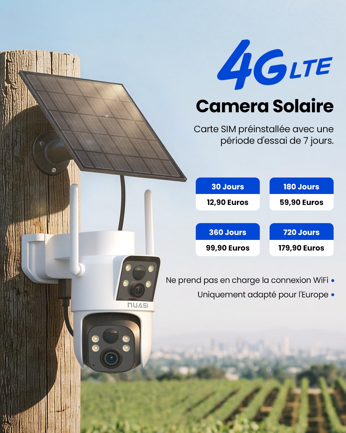 4G LTE Solaire Caméra de Surveillance Exterieure, Double Objectif 2K+2K Caméra avec Carte SIM, AI Détection Humaine PIR Vision Nocturne Couleur et Audio Bidirectionnel