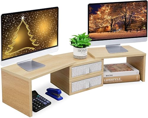 TEAMIX Soporte elevador de monitor doble de 42 pulgadas con 2 cajones, longitud y ángulo ajustable, elevador de 3 estantes con organizador de