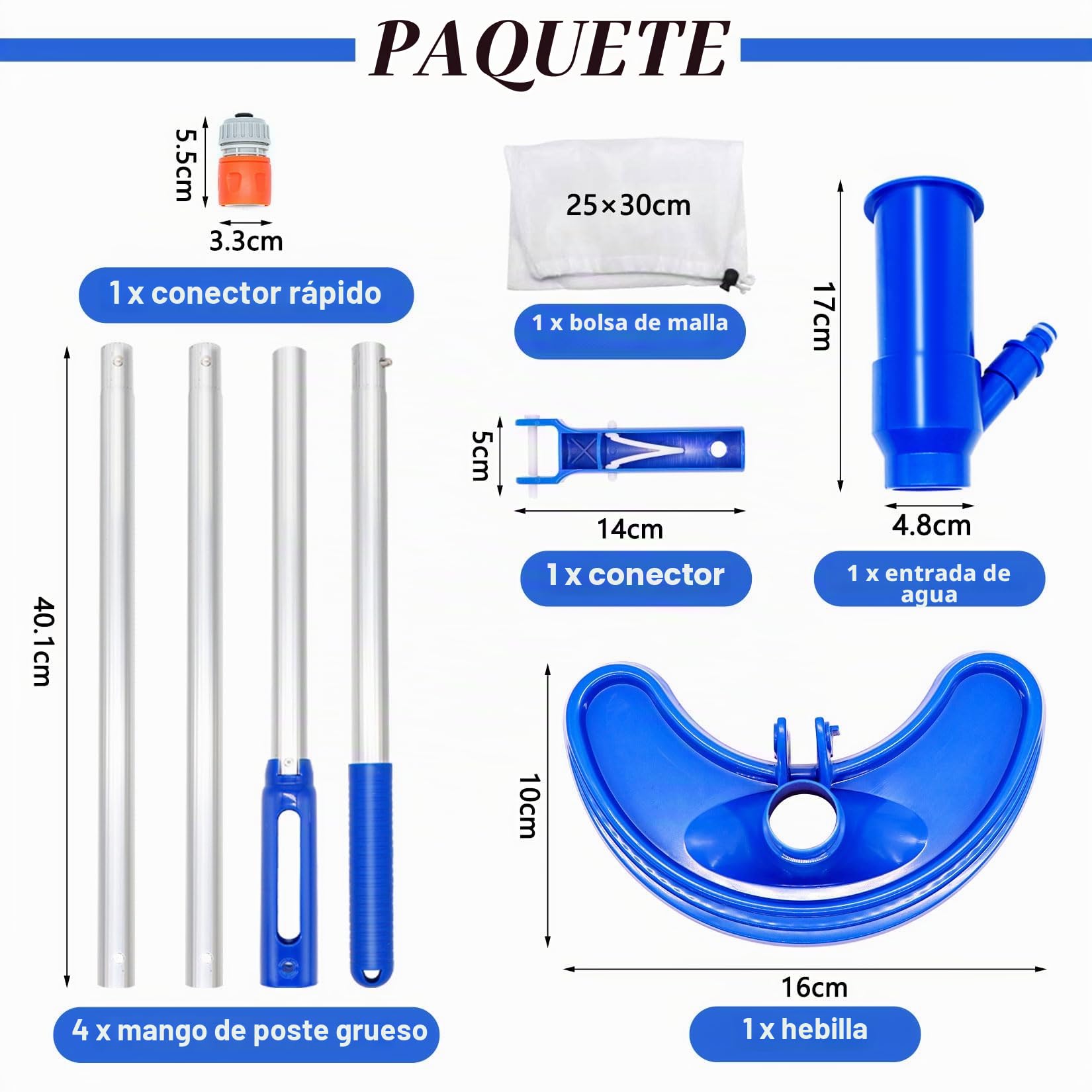 Aspirador de piscina XL, con cepillo curvado ampliado, 4 barras de aluminio extendidas y reforzadas, juego de limpieza para piscina