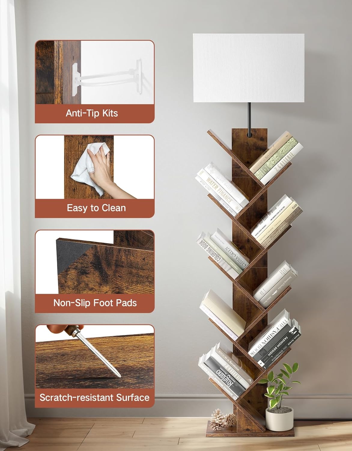 9 Tier Tree Bookshelf with Light, Remote & Timer, Modern Tall Floor Standing Book Shelf, Narrow Wood Bookcase, Small Book Organizer Shelves for Living Room, Bedroom, Office