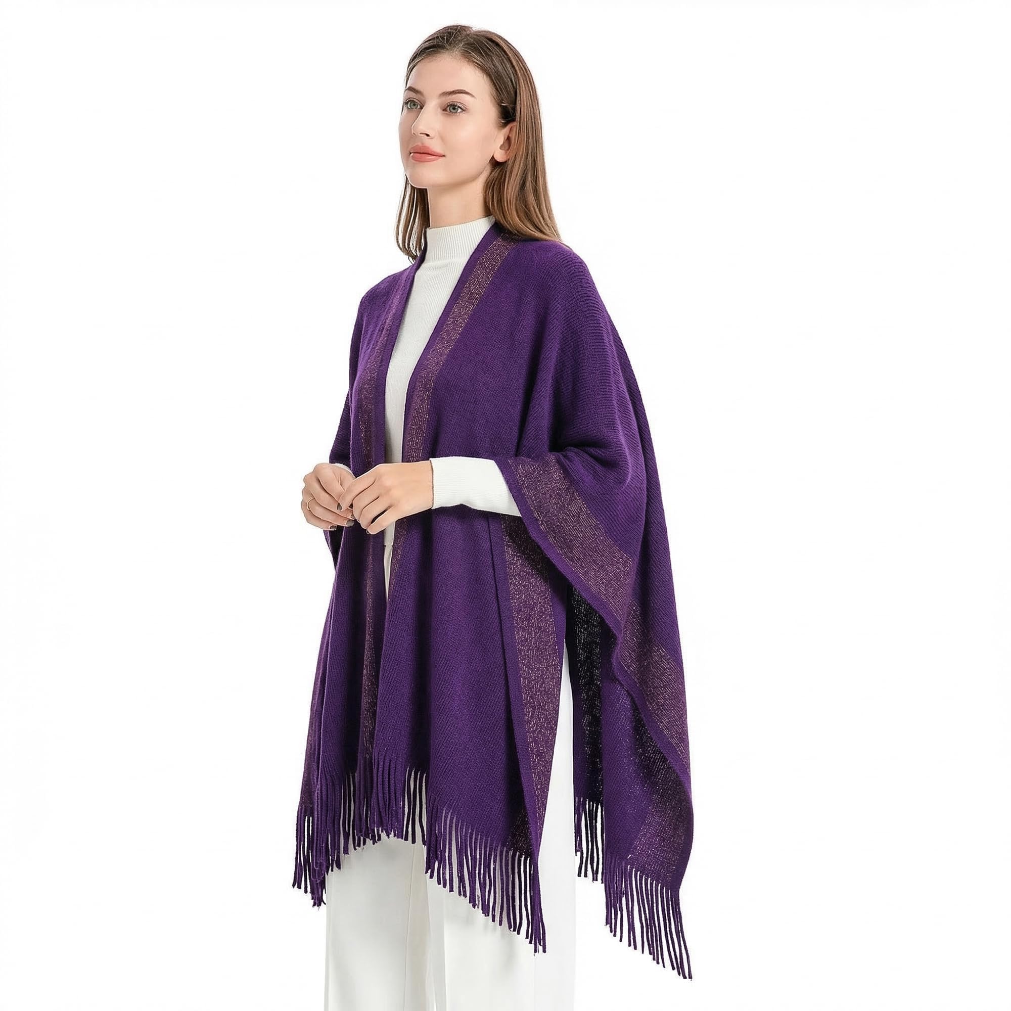 ZLYC Femmes Hiver Ouvert Cape Chaud Poncho Garniture à Franges