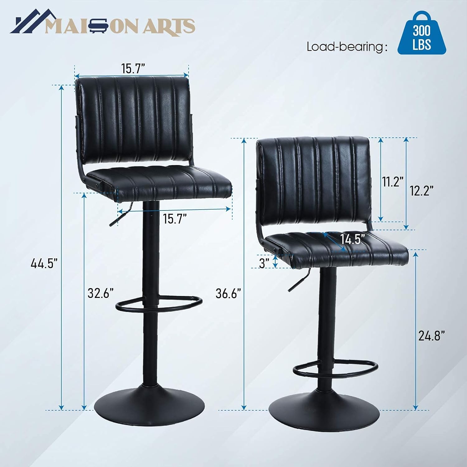 MAISON ARTS Swivel Bar Stools Set of 2 for Kitchen Counter Adjustable Barstools with Back Counter Height Modern Bar Chairs for Kitchen Island Water Resistant Faux Leather, 300 LBS Capacity, Black : Home & Kitchen