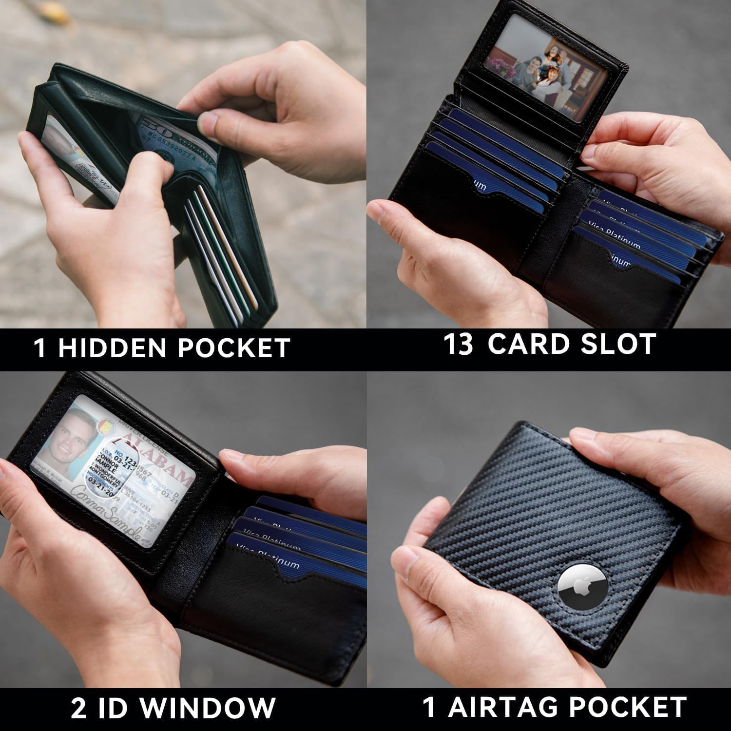 Mens Wallet with AirTag Holder, Genuine Leather Bifold RFID Blocking Wallet for Men - 2 ID Window 13 Cards Holders 1 Gift Box, AirTag Not Included - Image 3