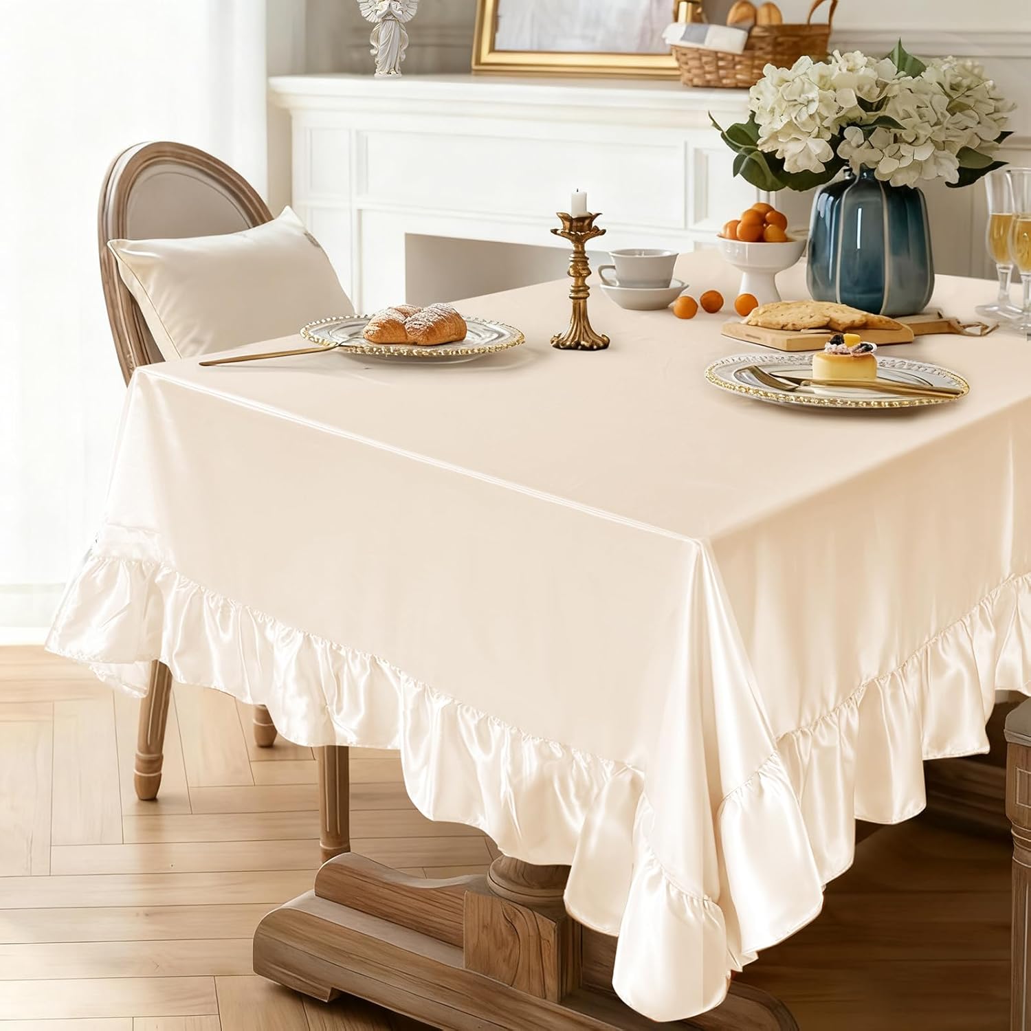 4 Pack Ruffle Tablecloth 60" x 102",Beige Satin Tablecloth Rectangle Silky Table Cloth Table Cover,Scalloped Table Cloth for Kitchen Dining and Weddings